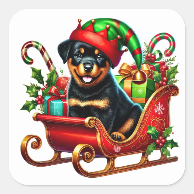 Pegatina Cuadrada Rottweiler en Navidades Gift Sleigh (Anverso)