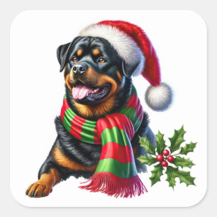 Pegatina Cuadrada Rottweiler en un Gorra Navidad y Scarf