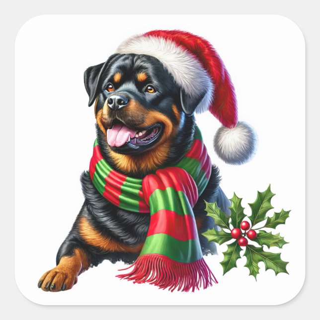 Pegatina Cuadrada Rottweiler en un Gorra Navidad y Scarf (Anverso)