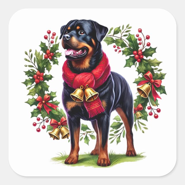 Pegatina Cuadrada Rottweiler en una corona de flores para Navidades (Anverso)