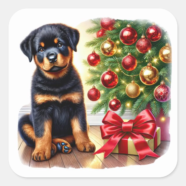 Pegatina Cuadrada Rottweiler Puppy junto a un árbol de Navidad (Anverso)