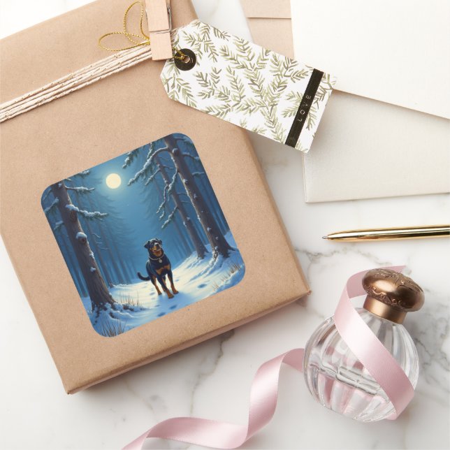 Pegatina Cuadrada Rottweiler Starry Forest Hike Christmas Painting (Regalar)