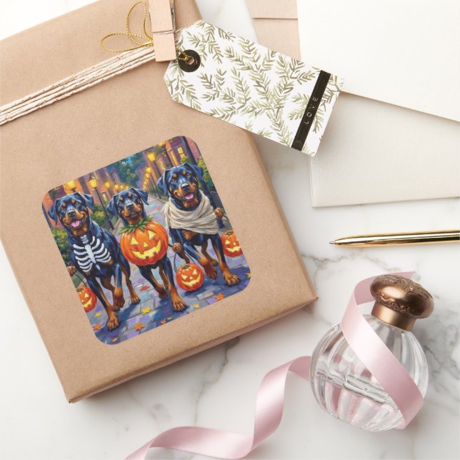 Pegatina Cuadrada Rottweiler Trick-or-Treating In Halloween Costumes (Regalar)