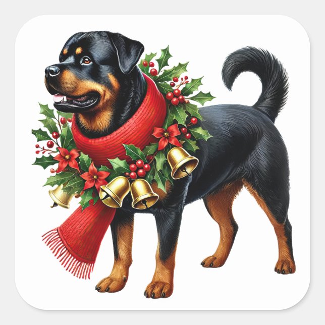 Pegatina Cuadrada Rottweiler Vestido para Navidades (Anverso)