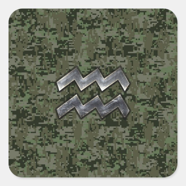 Pegatina Cuadrada Rótulo Aquarius Zodiac en Woodland Camo Digital (Anverso)