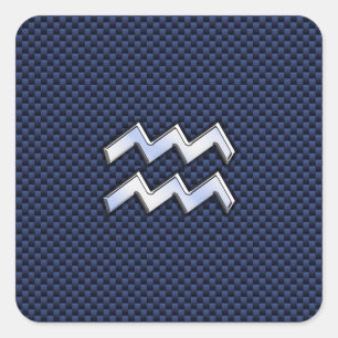 Pegatina Cuadrada Rótulo Aquarius Zodiac sobre fibra de carbono azul
