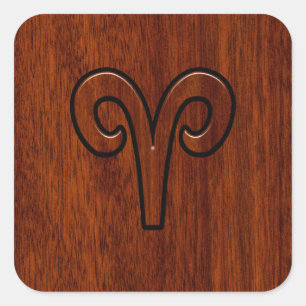 Pegatina Cuadrada Rótulo Aries sobre Mahogany, como decoración impre