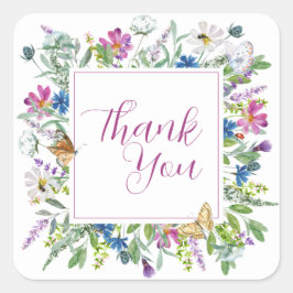 Pegatina Cuadrada Rótulo Baby Shower Butterfly Spring Wildflower