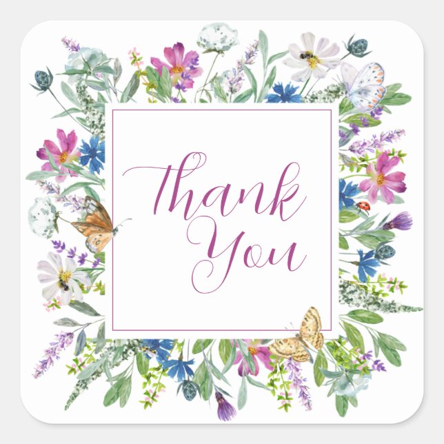 Pegatina Cuadrada Rótulo Baby Shower Butterfly Spring Wildflower (Anverso)