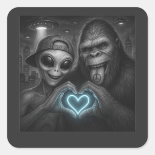 Pegatina Cuadrada Rótulo Bigfoot Sasquatch Alien Love Hand