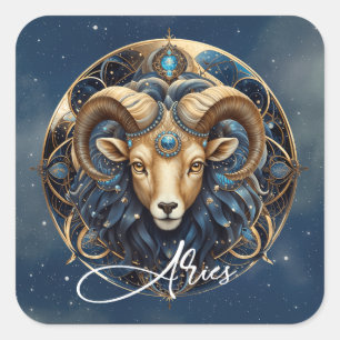 Pegatina Cuadrada Rótulo Celestial Ram Zodiac Aries Oro Negro Cósmic