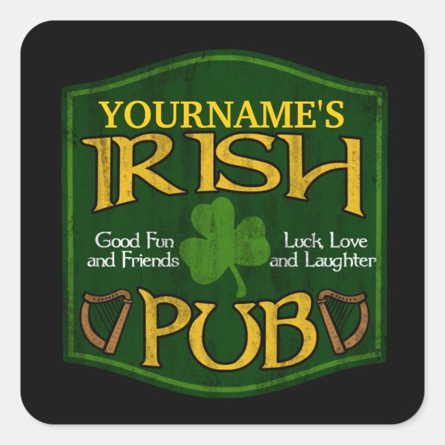 Pegatina Cuadrada Rótulo de pub irlandés personalizado (Anverso)