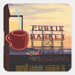 Pegatina Cuadrada Rótulo del mercado del lugar de SeattlePike y