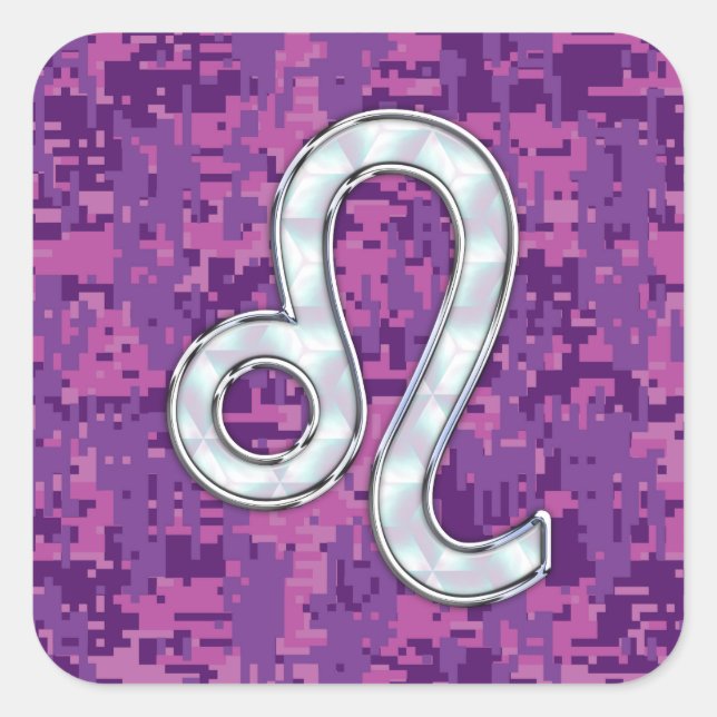 Pegatina Cuadrada Rótulo Leo en Camuflaje Digital de la Fuchsia Rosa (Anverso)