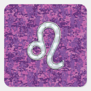 Pegatina Cuadrada Rótulo Leo Zodiac en camuflaje digital de Fuchsia