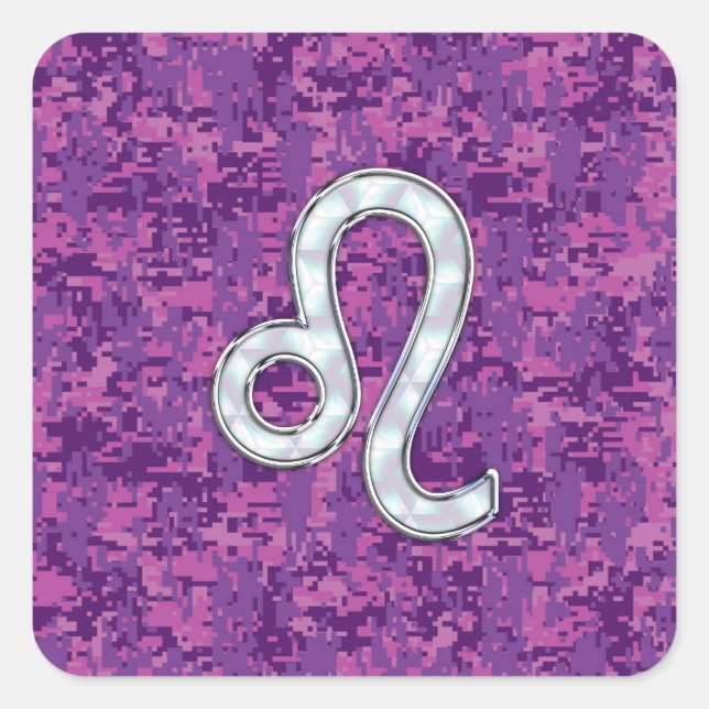 Pegatina Cuadrada Rótulo Leo Zodiac en camuflaje digital de Fuchsia (Anverso)