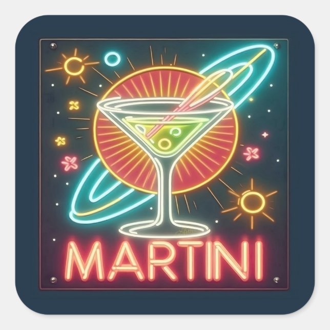Pegatina Cuadrada Rótulo Neon Martini de Mid Century (Anverso)