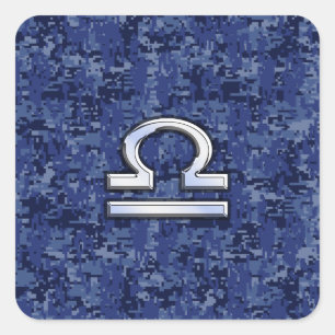 Pegatina Cuadrada Rótulo Silver Libra Zodiac en camo digital azul
