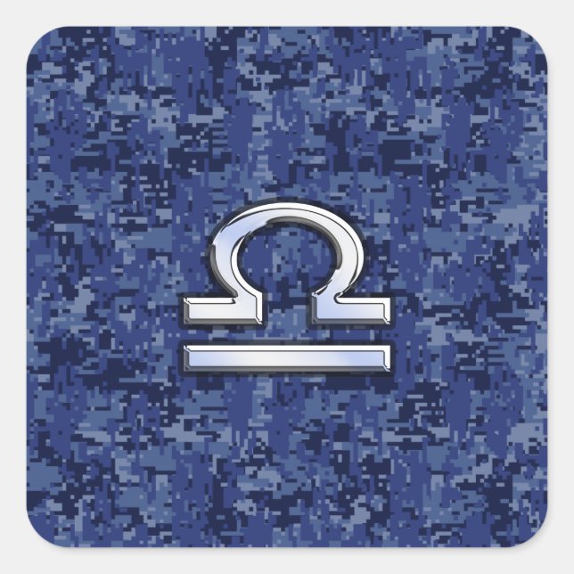 Pegatina Cuadrada Rótulo Silver Libra Zodiac en camo digital azul (Anverso)