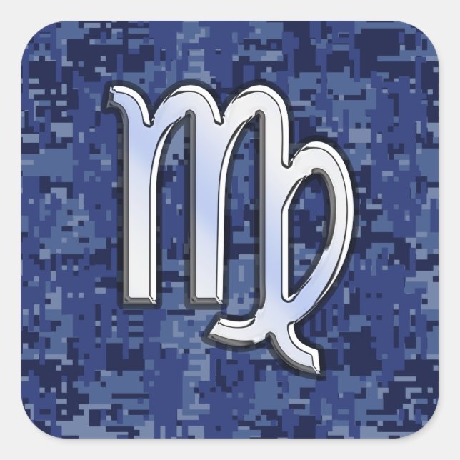 Pegatina Cuadrada Rótulo Virgo Zodiac en camuflaje digital azul (Anverso)
