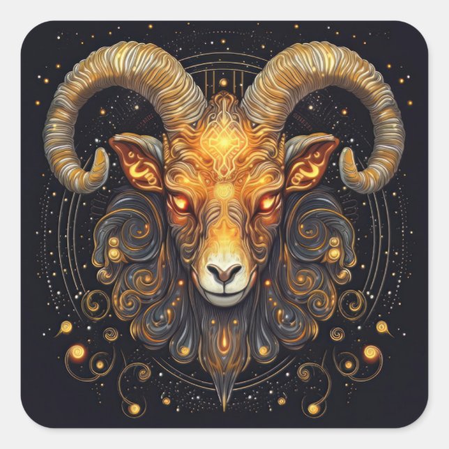 Pegatina Cuadrada Rótulo Zodiac Aries Ram Steampunk (Anverso)