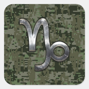 Pegatina Cuadrada Rótulo Zodiac de Capricornio sobre camo digital ve