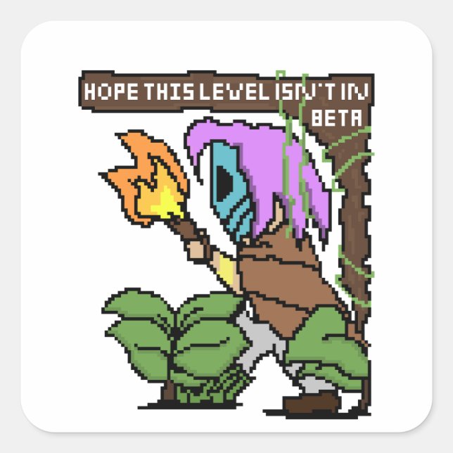 Pegatina Cuadrada Rótulo Zoe Pixel - "¿Nivel Beta?" (Anverso)
