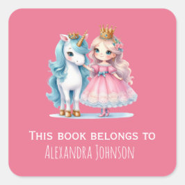 Pegatina Cuadrada Rótulos de princesa y unicornio rosados
