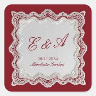 Pegatina Cuadrada Rouge Rojo Dinero Antiguo Encaje Boda