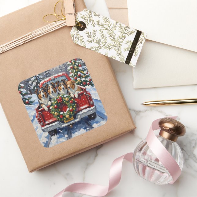 Pegatina Cuadrada Rough Collie Christmas Red Truck Holiday (Regalar)