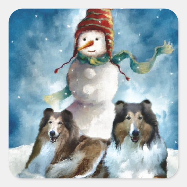 Pegatina Cuadrada Rough Collie con Navidades Snowman (Anverso)