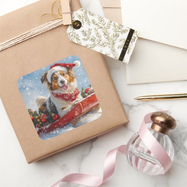 Pegatina Cuadrada Rough Collie Dog in Sledge Let it Snow Navidades (Regalar)