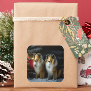 Pegatina Cuadrada Rough Collie Snowy Sleigh Navidades Decoración