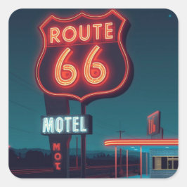 Pegatina Cuadrada Route 66 Neon Motel Night Travel Art