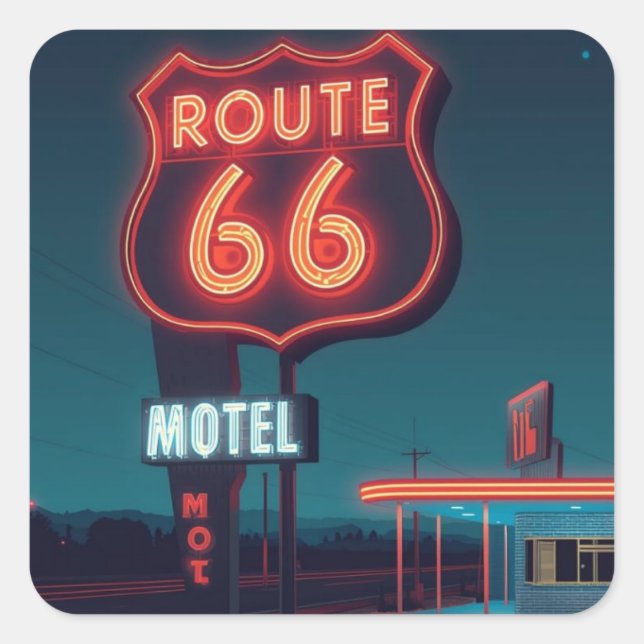 Pegatina Cuadrada Route 66 Neon Motel Night Travel Art (Anverso)