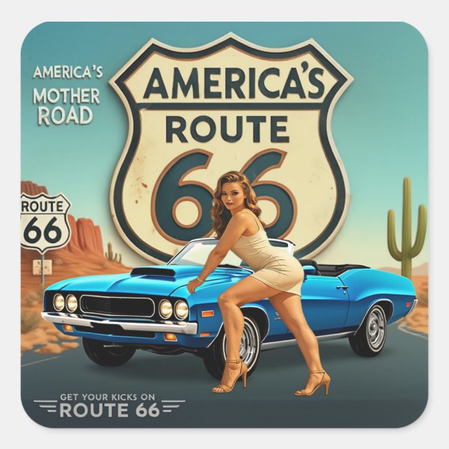 Pegatina Cuadrada Route 66 Retro (Anverso)