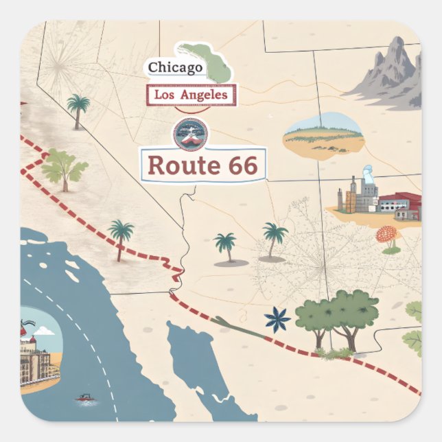 Pegatina Cuadrada Route 66 Vintage Travel Map Illustration (Anverso)