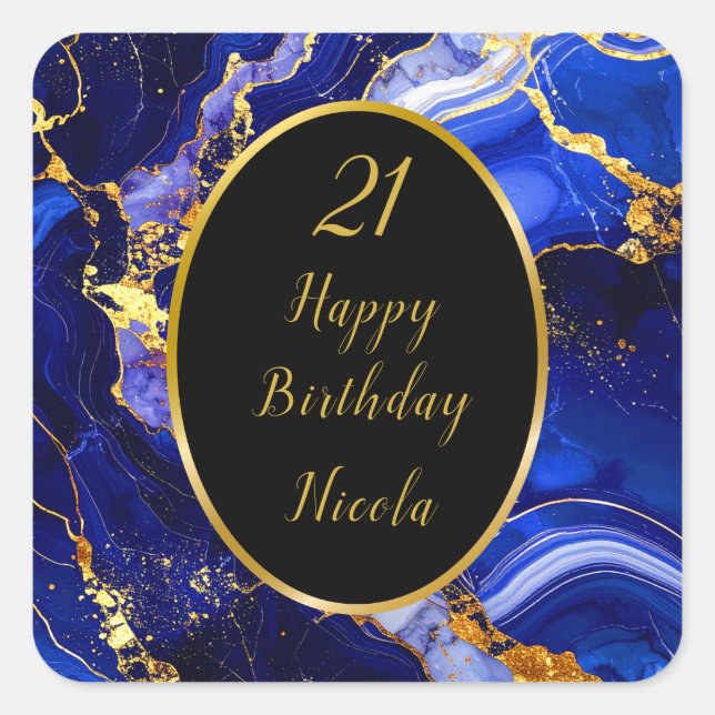 Pegatina Cuadrada Royal Blue and Gold Marble Agate Birthday Party (Anverso)