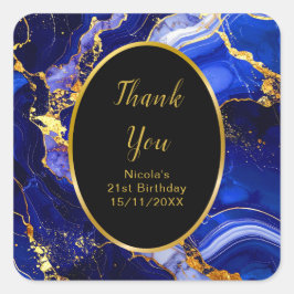 Pegatina Cuadrada Royal Blue and Gold Marble Agate Birthday Party