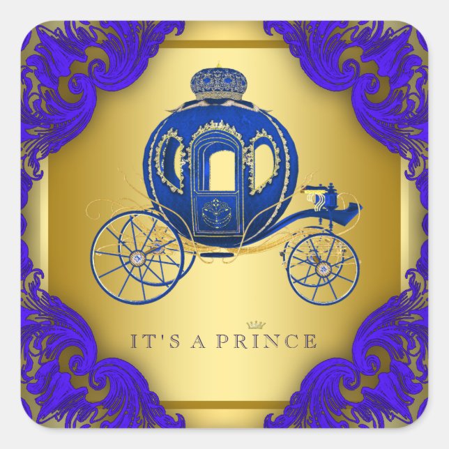 Pegatina Cuadrada Royal Blue and Gold Prince Baby Shower (Anverso)