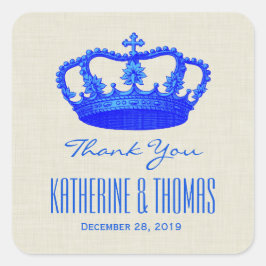 Pegatina Cuadrada ROYAL BLUE Crown Gracias Novia Groom Boda V29