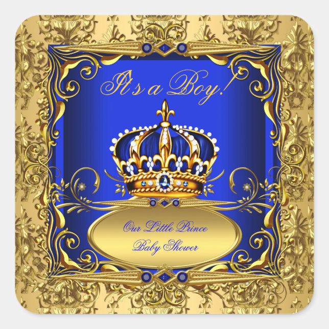 Pegatina Cuadrada Royal Blue Damask Gold Crown Baby Shower Boy RB3 (Anverso)