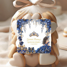 Pegatina Cuadrada Royal Blue Golden Tiara Floral Quinceañera