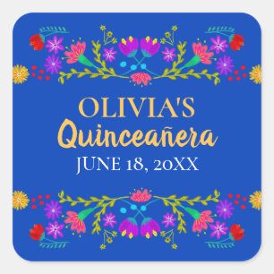 Pegatina Cuadrada Royal Blue Mis Quince Años Flores de Fiesta Mexica