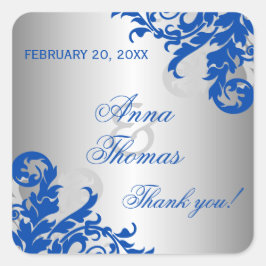 Pegatina Cuadrada Royal Blue Silver Flourish Wedding Favor
