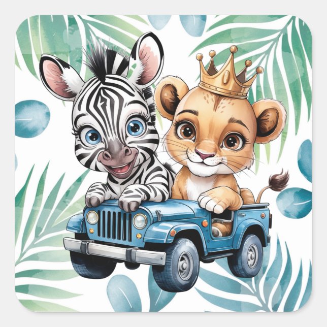 Pegatina Cuadrada Royal Safari Ride Boy Baby Shower (Anverso)