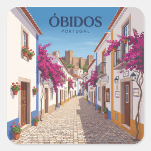 Pegatina Cuadrada Rua Direita, Óbidos Portugal Recuerdo