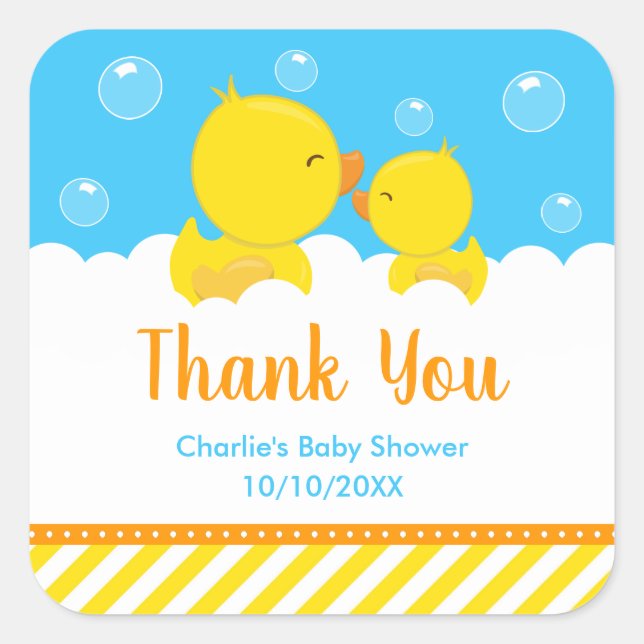 Pegatina Cuadrada Rubber Ducky Baby Shower Yellow Blue Gracias (Anverso)