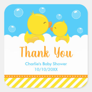 Pegatina Cuadrada Rubber Ducky Baby Shower Yellow Blue Gracias