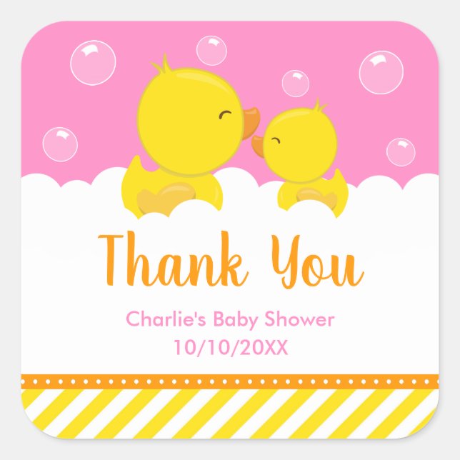 Pegatina Cuadrada Rubber Ducky Baby Shower Yellow Pink Gracias (Anverso)